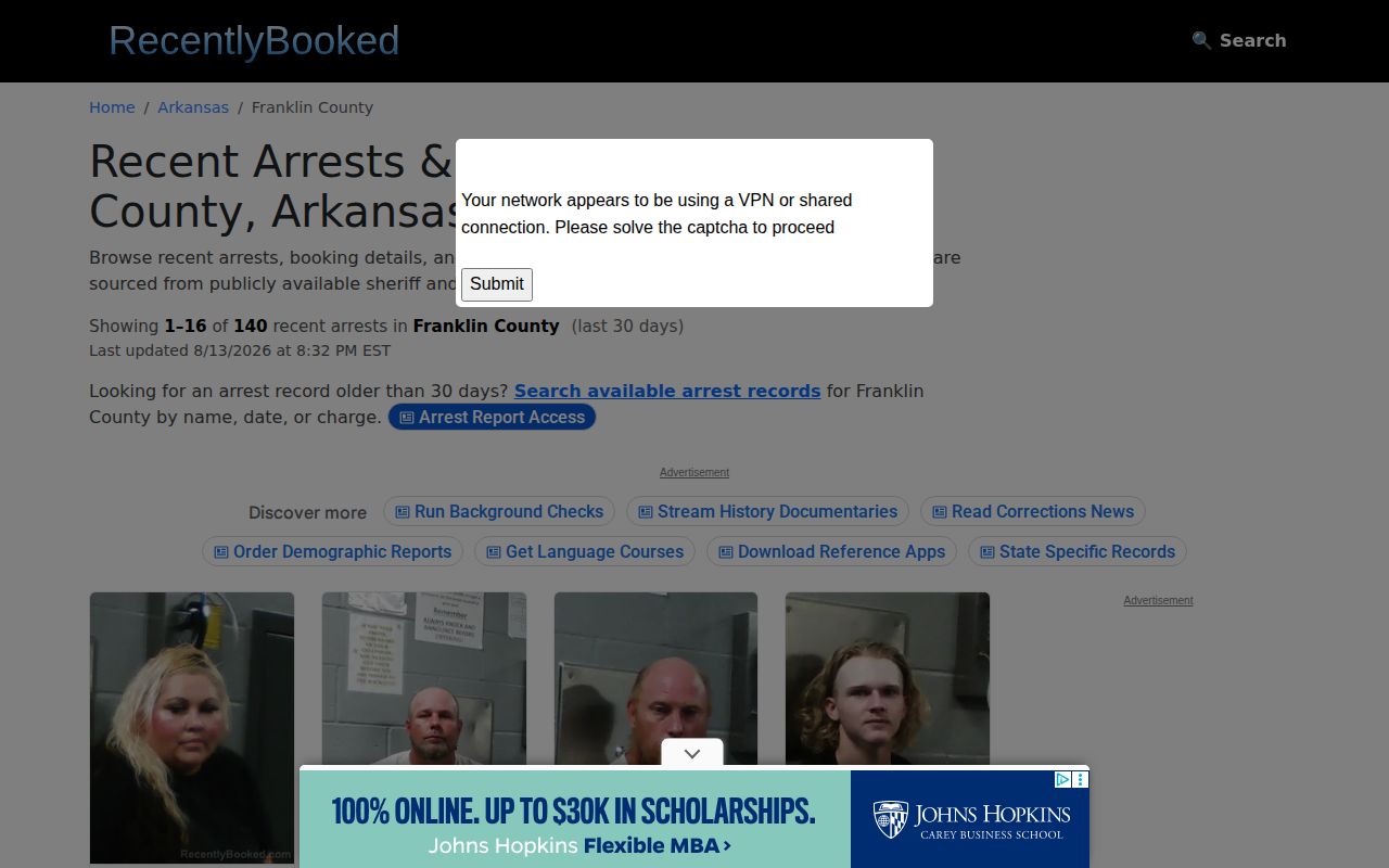 Franklin County crime news and unofficial booking record interface on Recently Booked