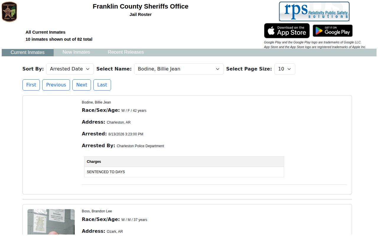 Franklin County current inmate roster and booking record interface