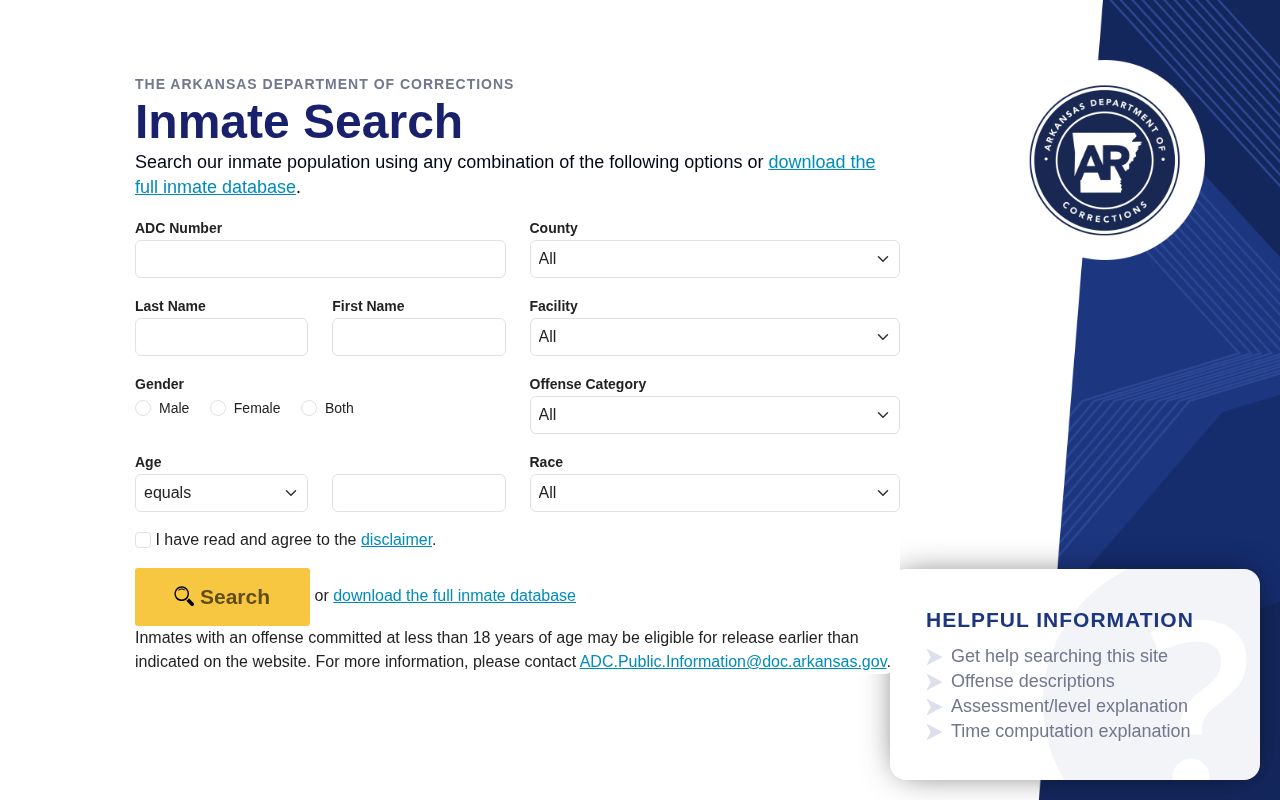 Arkansas Department of Corrections search for Franklin County offender records
