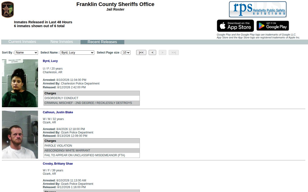 Franklin County 48-hour recent release booking record view