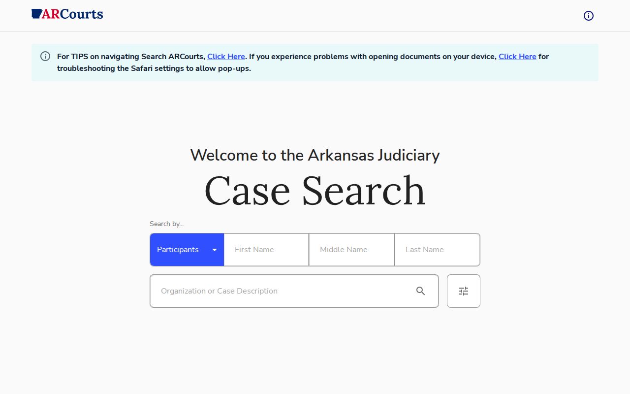 Search ARCourts interface for Franklin County arrest case records and dispositions